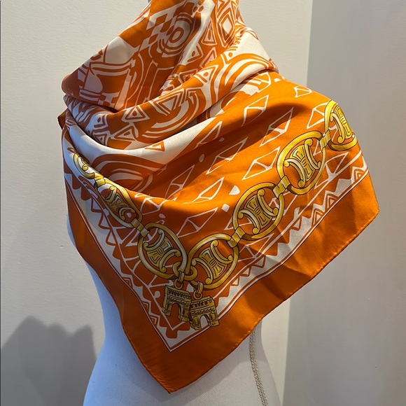 Celine Elegant Orange Silk Scarf  34”x34” - Picture 3 of 11